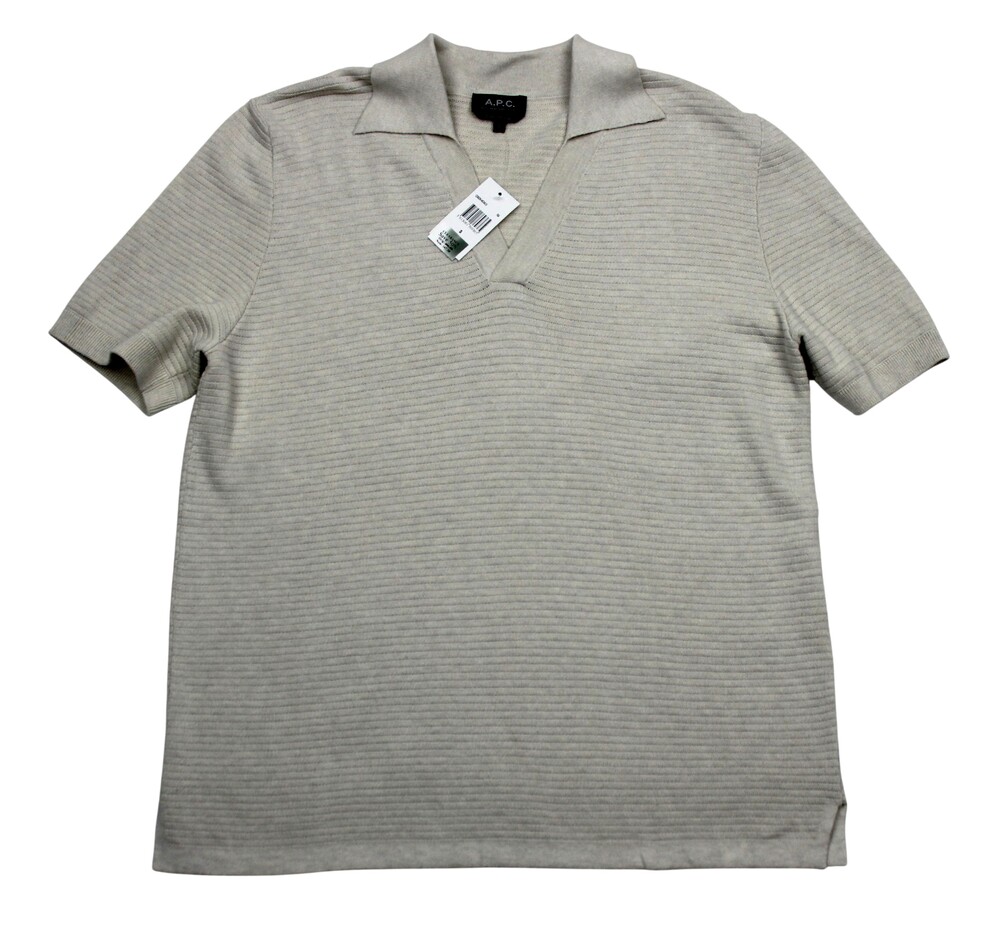 $295 APC Johnny Collar Polo Shirt Mens S Beige Cotton Ribbed Knit Short Sleeve